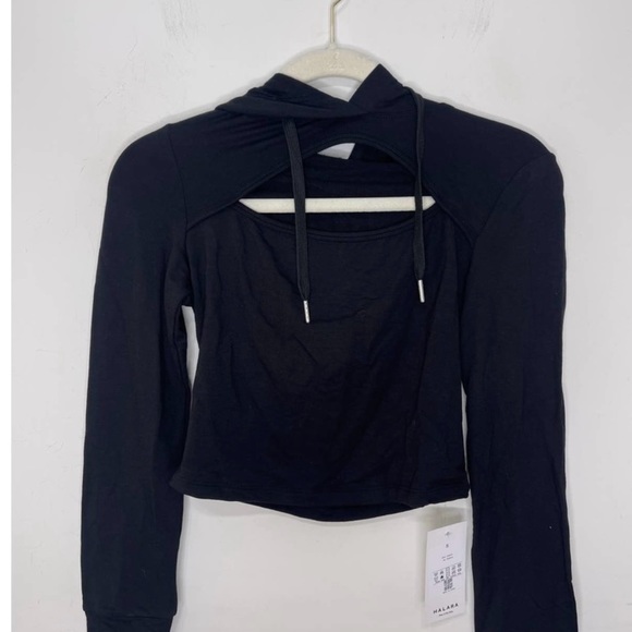 Halara Drawstring Cut Out Cropped Hoodie Sweatshirt in Black  Size :XS - Picture 2 of 4